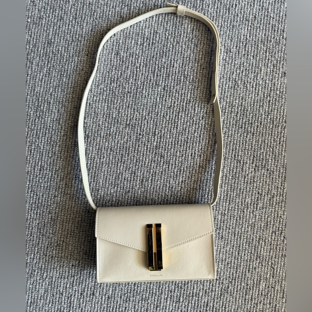 Demellier Leather Handbag Purse Taupe Cream Gold Crossbody